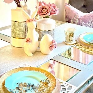 gold and white ceramic vases set 16” long and 8”